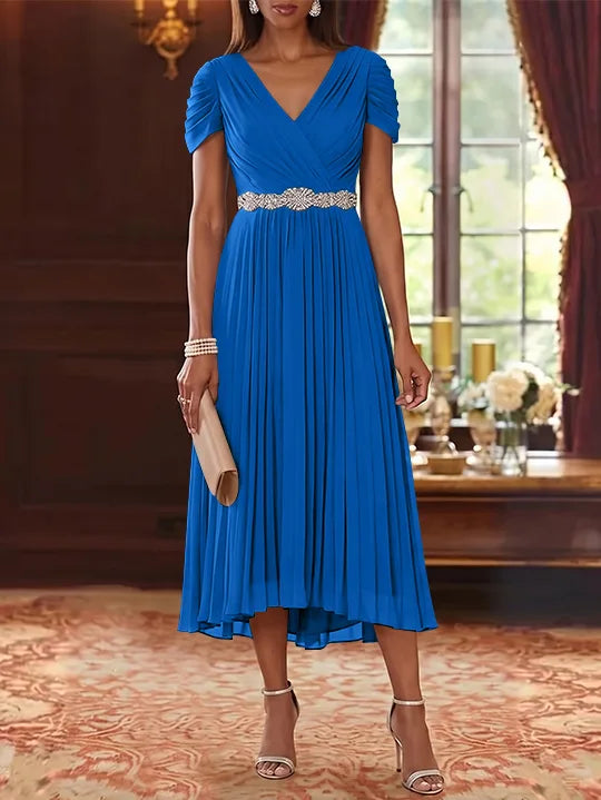 A-Line/Princess V-Neck Chiffon Mother of the Bride Dresses Tea-Length Short Sleeves Sash Pleated