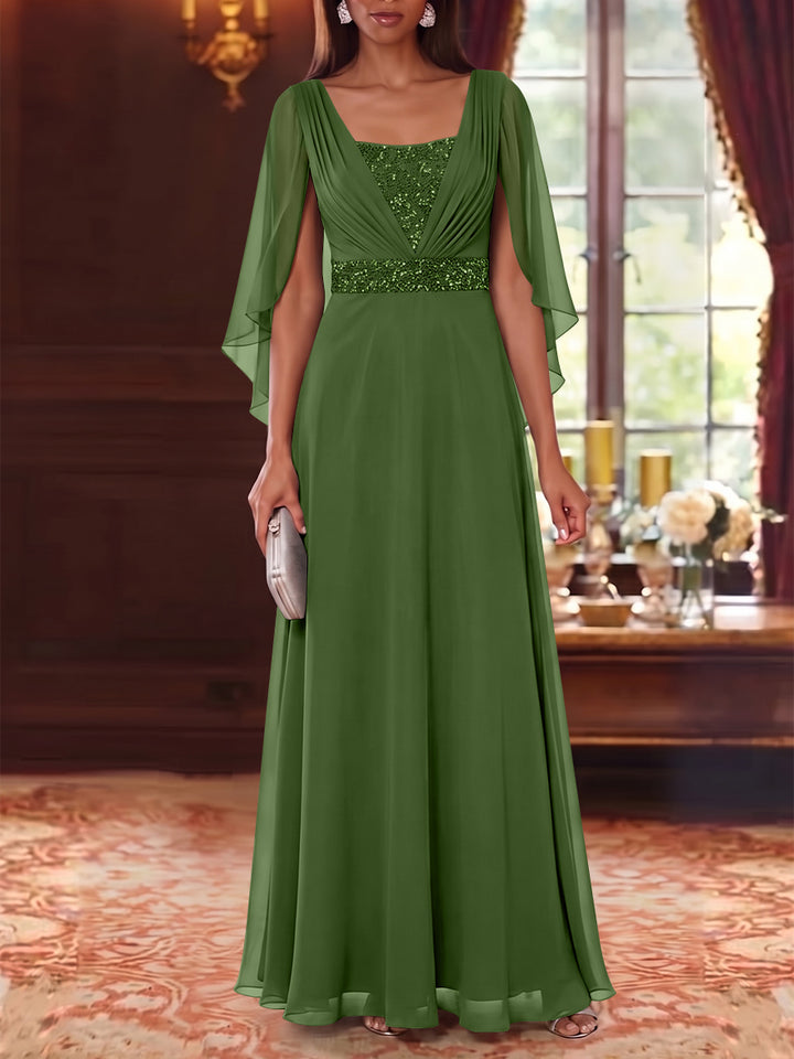 A-Line/Princess Square Collar Chiffon Mother of the Bride Dresses Cape Sleeves Floor-Length Sequins
