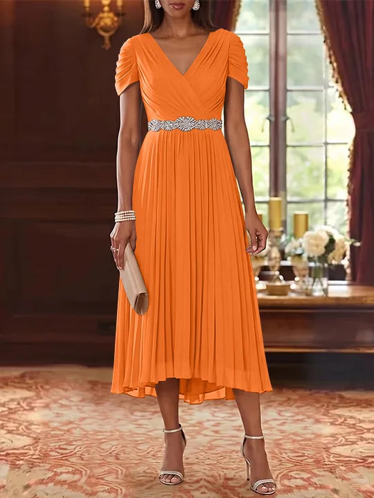 A-Line/Princess V-Neck Chiffon Mother of the Bride Dresses Tea-Length Short Sleeves Sash Pleated