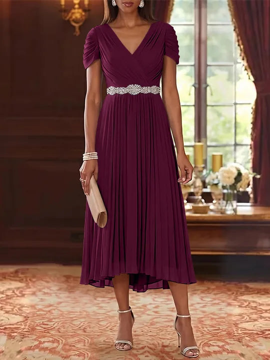 A-Line/Princess V-Neck Chiffon Mother of the Bride Dresses Tea-Length Short Sleeves Sash Pleated