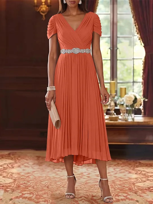 A-Line/Princess V-Neck Chiffon Mother of the Bride Dresses Tea-Length Short Sleeves Sash Pleated