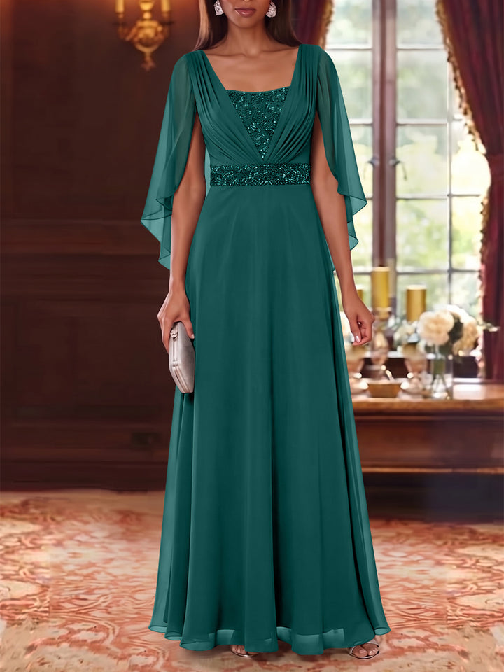 A-Line/Princess Square Collar Chiffon Mother of the Bride Dresses Cape Sleeves Floor-Length Sequins