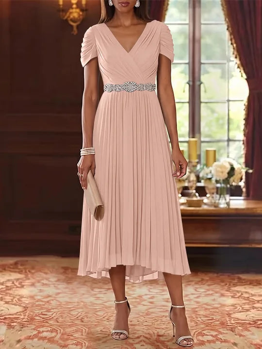 A-Line/Princess V-Neck Chiffon Mother of the Bride Dresses Tea-Length Short Sleeves Sash Pleated