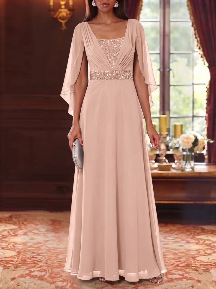 A-Line/Princess Square Collar Chiffon Mother of the Bride Dresses Cape Sleeves Floor-Length Sequins