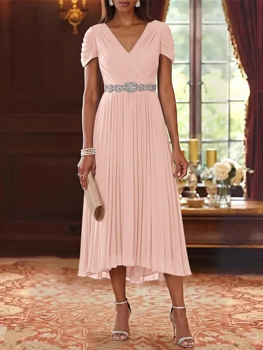 A-Line/Princess V-Neck Chiffon Mother of the Bride Dresses Tea-Length Short Sleeves Sash Pleated
