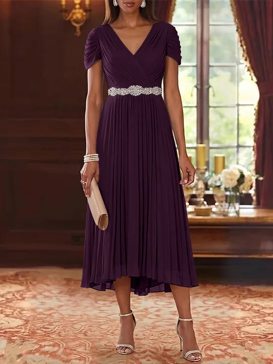 A-Line/Princess V-Neck Chiffon Mother of the Bride Dresses Tea-Length Short Sleeves Sash Pleated