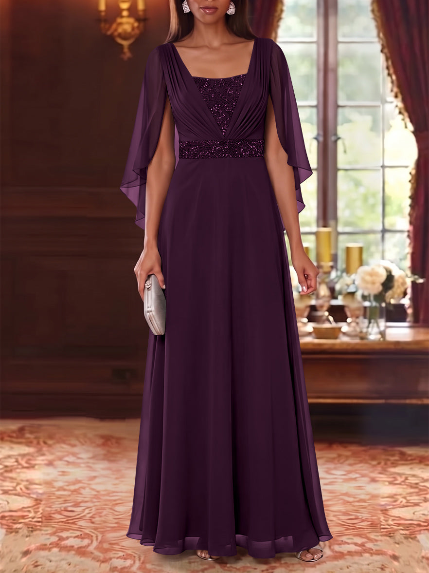A-Line/Princess Square Collar Chiffon Mother of the Bride Dresses Cape Sleeves Floor-Length Sequins