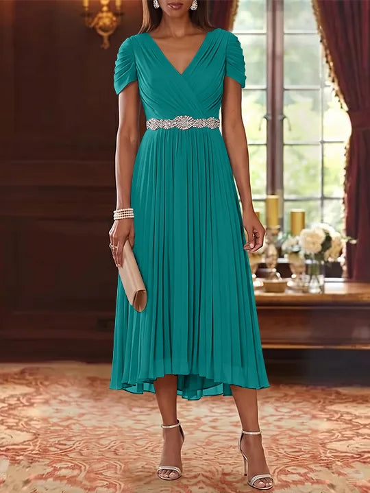 A-Line/Princess V-Neck Chiffon Mother of the Bride Dresses Tea-Length Short Sleeves Sash Pleated