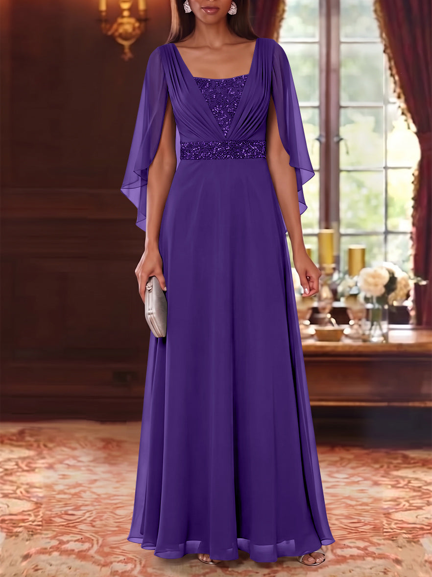 A-Line/Princess Square Collar Chiffon Mother of the Bride Dresses Cape Sleeves Floor-Length Sequins