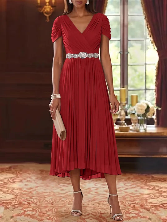 A-Line/Princess V-Neck Chiffon Mother of the Bride Dresses Tea-Length Short Sleeves Sash Pleated