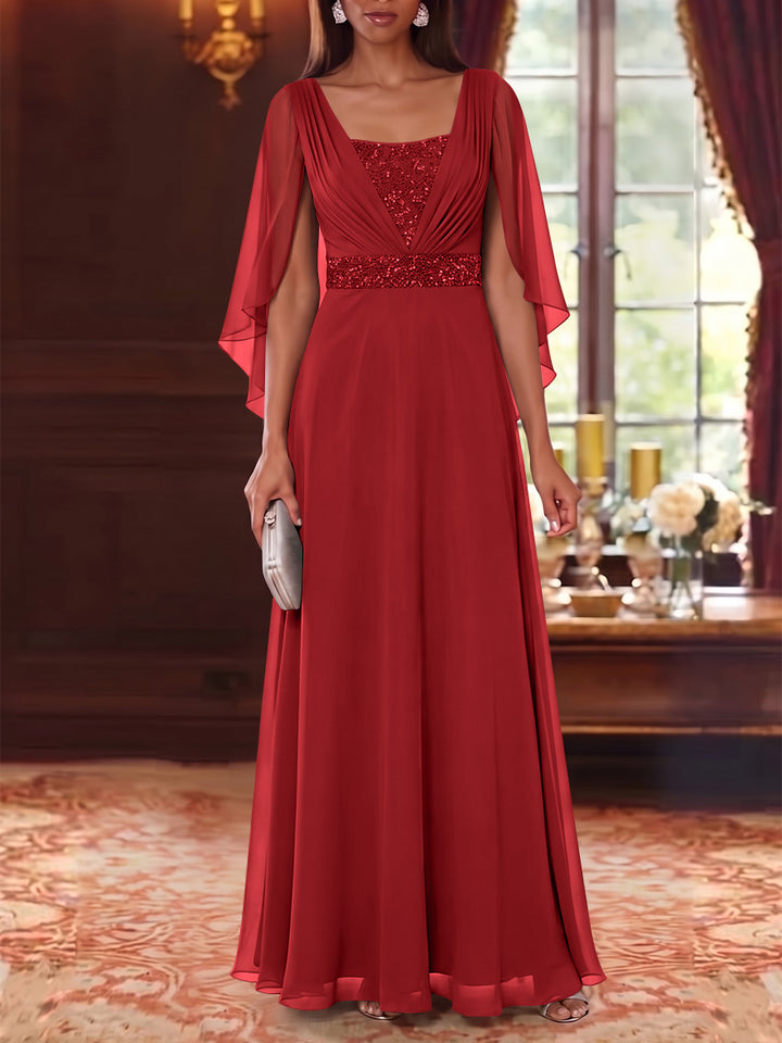 A-Line/Princess Square Collar Chiffon Mother of the Bride Dresses Cape Sleeves Floor-Length Sequins