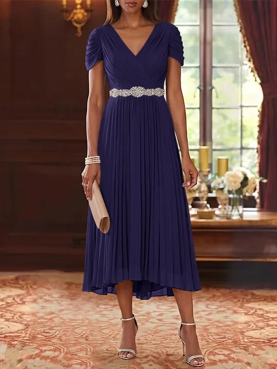 A-Line/Princess V-Neck Chiffon Mother of the Bride Dresses Tea-Length Short Sleeves Sash Pleated