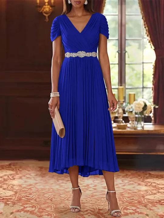 A-Line/Princess V-Neck Chiffon Mother of the Bride Dresses Tea-Length Short Sleeves Sash Pleated