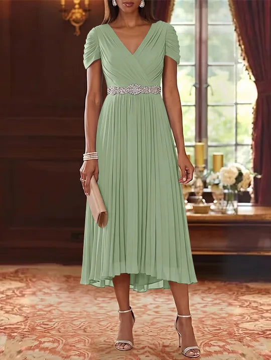 A-Line/Princess V-Neck Chiffon Mother of the Bride Dresses Tea-Length Short Sleeves Sash Pleated