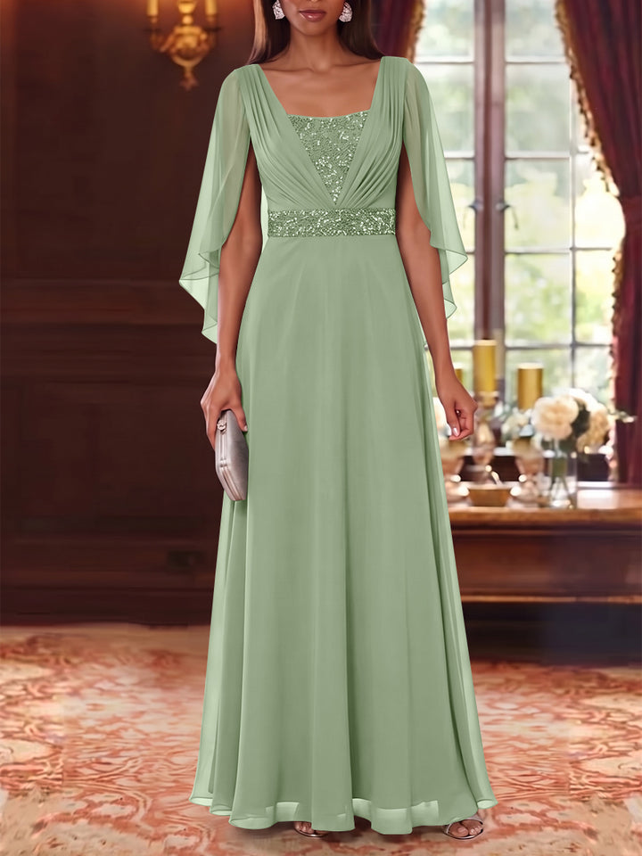 A-Line/Princess Square Collar Chiffon Mother of the Bride Dresses Cape Sleeves Floor-Length Sequins