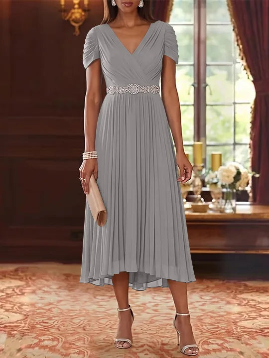A-Line/Princess V-Neck Chiffon Mother of the Bride Dresses Tea-Length Short Sleeves Sash Pleated