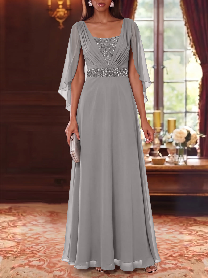 A-Line/Princess Square Collar Chiffon Mother of the Bride Dresses Cape Sleeves Floor-Length Sequins