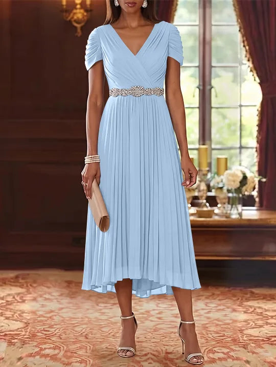 A-Line/Princess V-Neck Chiffon Mother of the Bride Dresses Tea-Length Short Sleeves Sash Pleated
