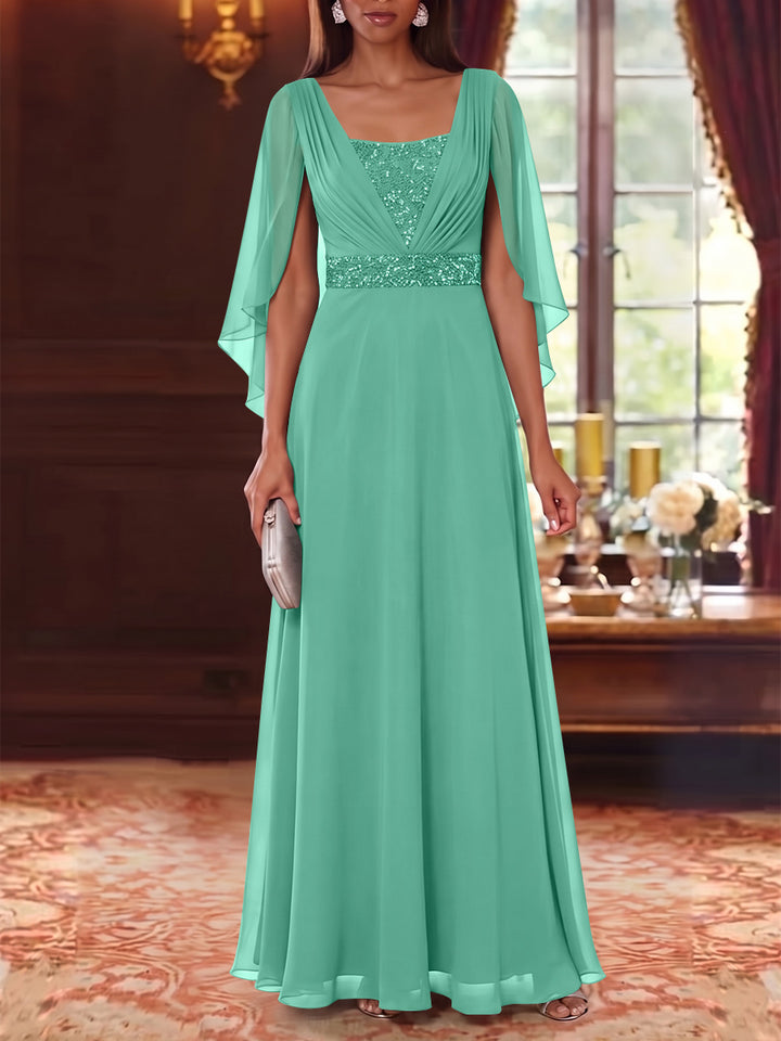 A-Line/Princess Square Collar Chiffon Mother of the Bride Dresses Cape Sleeves Floor-Length Sequins