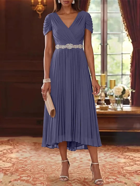 A-Line/Princess V-Neck Chiffon Mother of the Bride Dresses Tea-Length Short Sleeves Sash Pleated