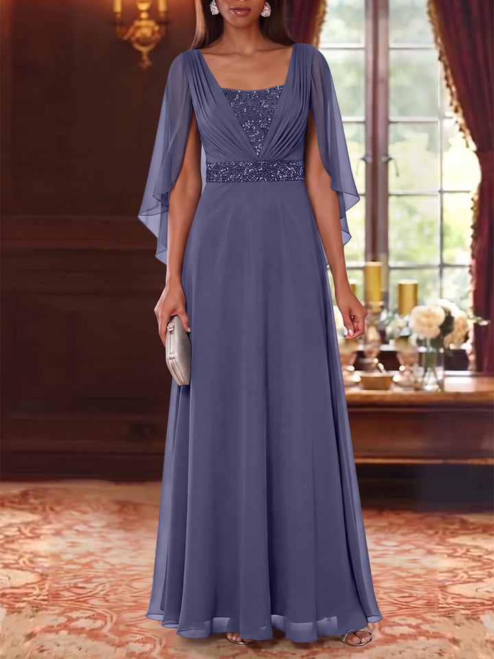 A-Line/Princess Square Collar Chiffon Mother of the Bride Dresses Cape Sleeves Floor-Length Sequins