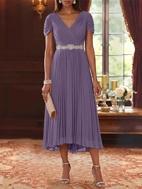 A-Line/Princess V-Neck Chiffon Mother of the Bride Dresses Tea-Length Short Sleeves Sash Pleated