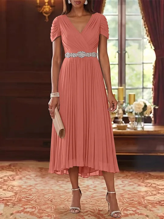 A-Line/Princess V-Neck Chiffon Mother of the Bride Dresses Tea-Length Short Sleeves Sash Pleated