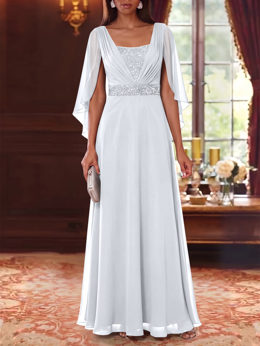 A-Line/Princess Square Collar Chiffon Mother of the Bride Dresses Cape Sleeves Floor-Length Sequins