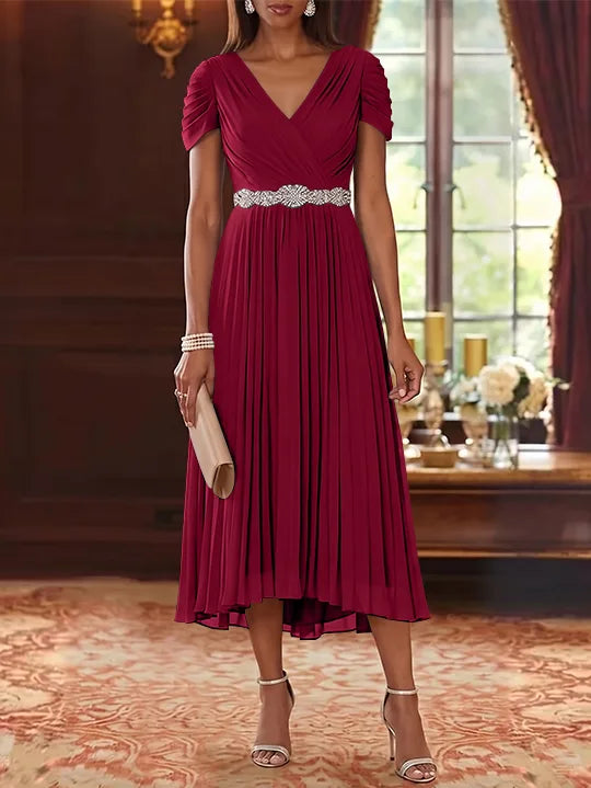A-Line/Princess V-Neck Chiffon Mother of the Bride Dresses Tea-Length Short Sleeves Sash Pleated