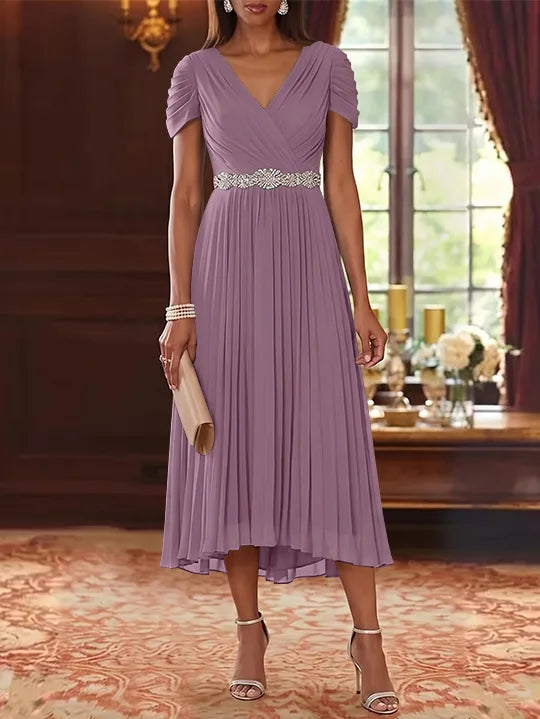 A-Line/Princess V-Neck Chiffon Mother of the Bride Dresses Tea-Length Short Sleeves Sash Pleated