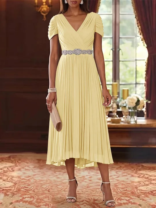 A-Line/Princess V-Neck Chiffon Mother of the Bride Dresses Tea-Length Short Sleeves Sash Pleated