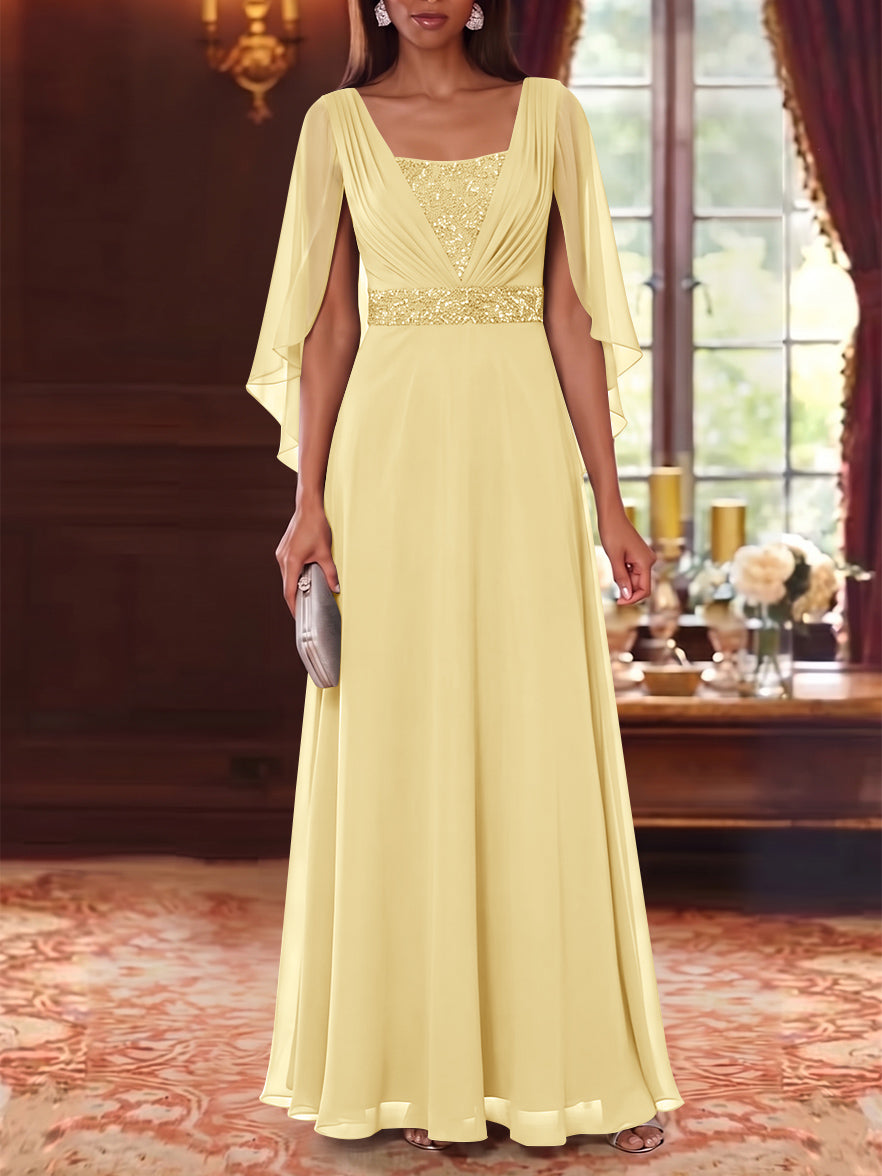 A-Line/Princess Square Collar Chiffon Mother of the Bride Dresses Cape Sleeves Floor-Length Sequins