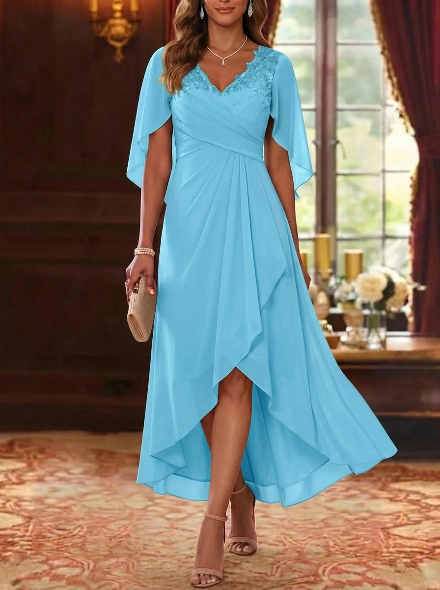 A-Line/Princess V-Neck Chiffon Mother of the Bride Dresses Cape Sleeves Ruched Lace Asymmetrical Tea-Length