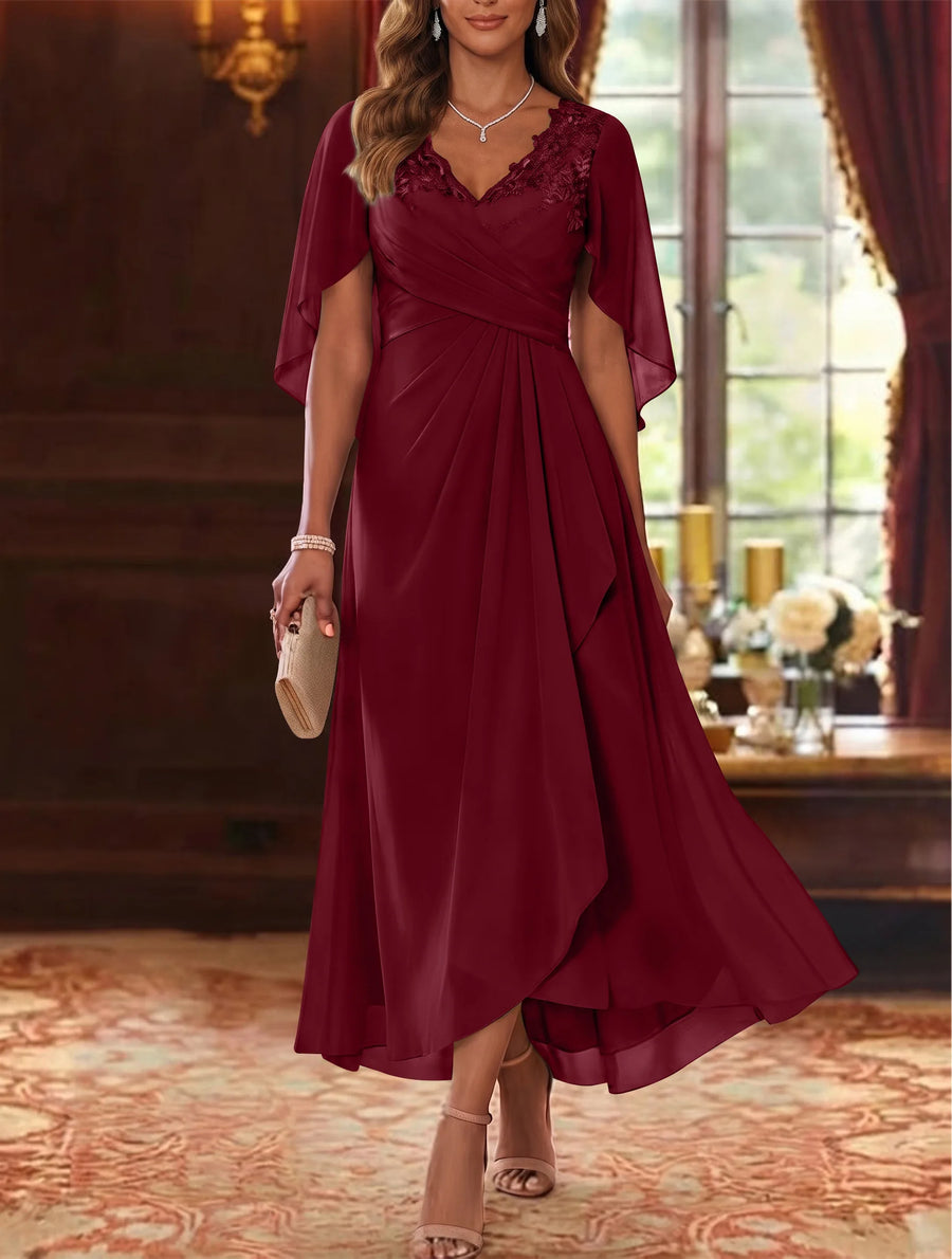 A-Line/Princess V-Neck Chiffon Mother of the Bride Dresses Cape Sleeves Ruched Lace Asymmetrical Tea-Length