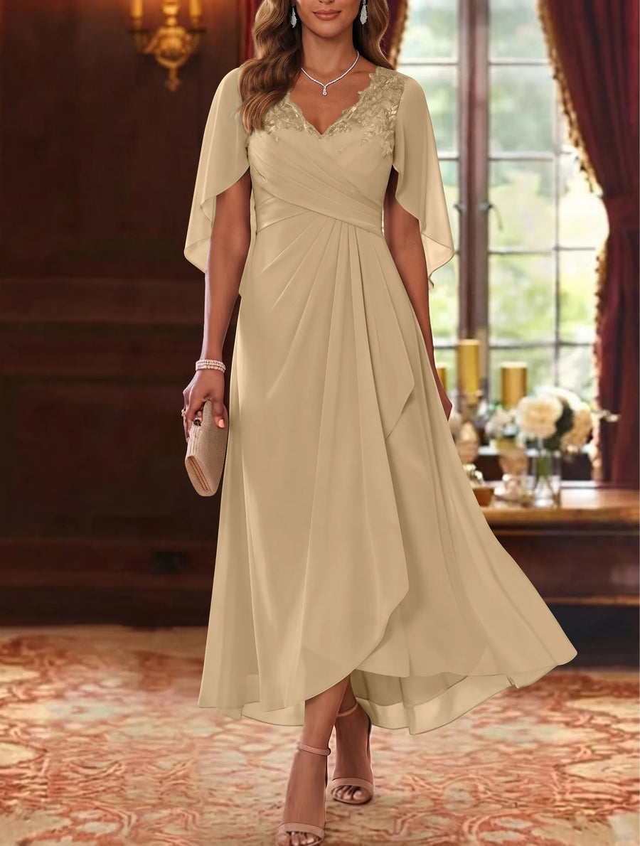 A-Line/Princess V-Neck Chiffon Mother of the Bride Dresses Cape Sleeves Ruched Lace Asymmetrical Tea-Length