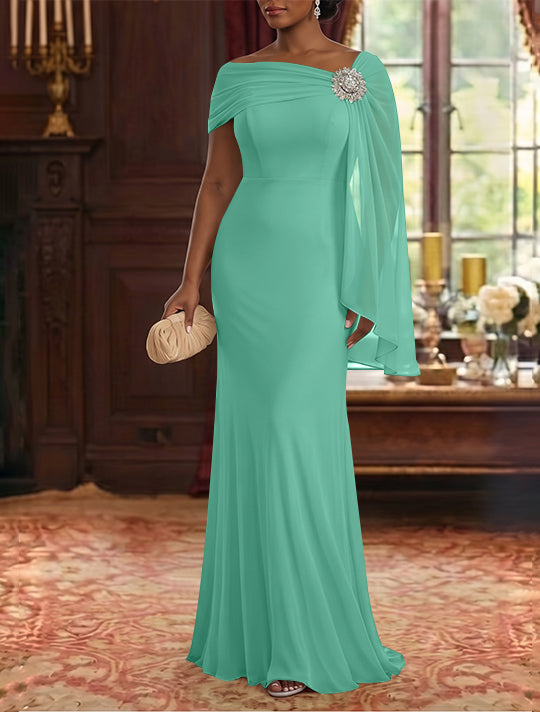 Sheath/Column Asymmetrical Neck Chiffon Mother of the Bride Dresses Cape Sleeve Rhinestone Floor-Length Ruched
