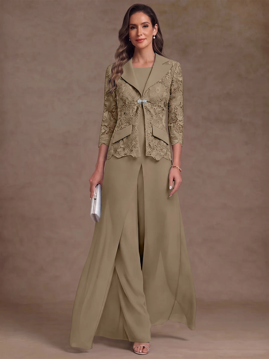 3 Pieces Suit Scoop Chiffon Mother of the Bride Pantsuits with Jacket Overskirt Lace Ankle-Length 3/4 Sleeves