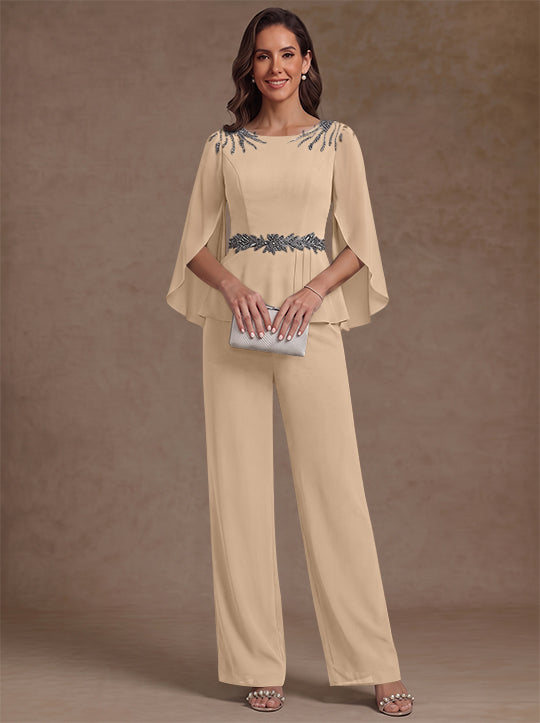2 Pieces Suit Scoop Chiffon Mother of the Bride Pantsuits Ankle-Length 3/4 Sleeves Beading