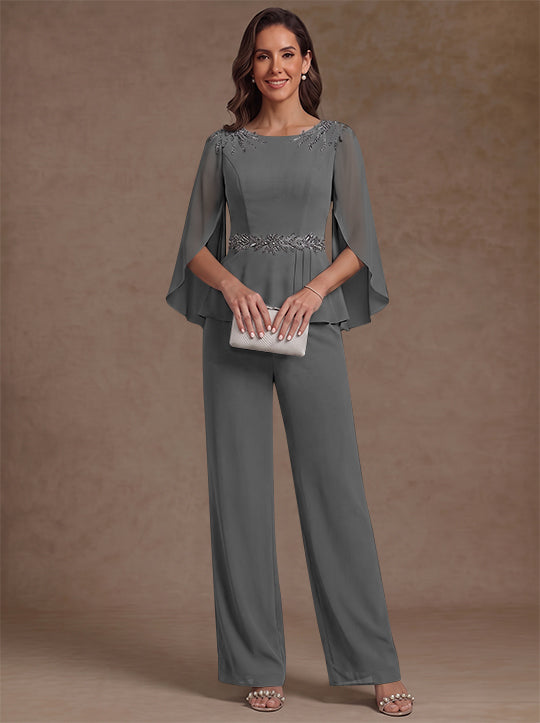2 Pieces Suit Scoop Chiffon Mother of the Bride Pantsuits Ankle-Length 3/4 Sleeves Beading