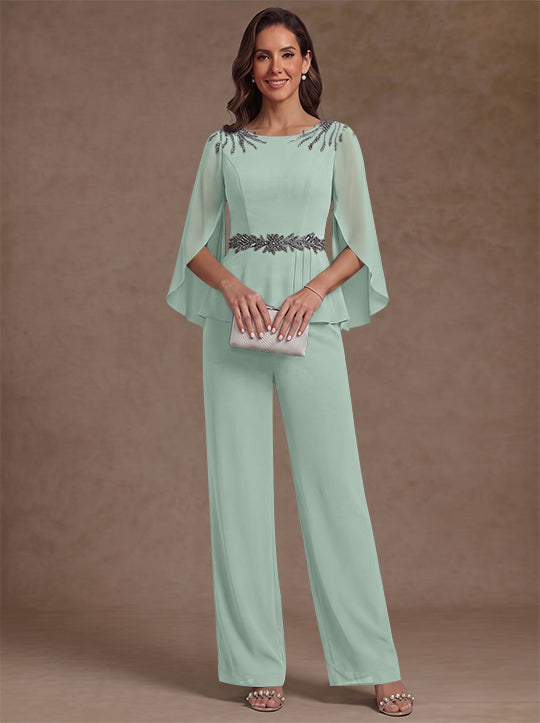 2 Pieces Suit Scoop Chiffon Mother of the Bride Pantsuits Ankle-Length 3/4 Sleeves Beading