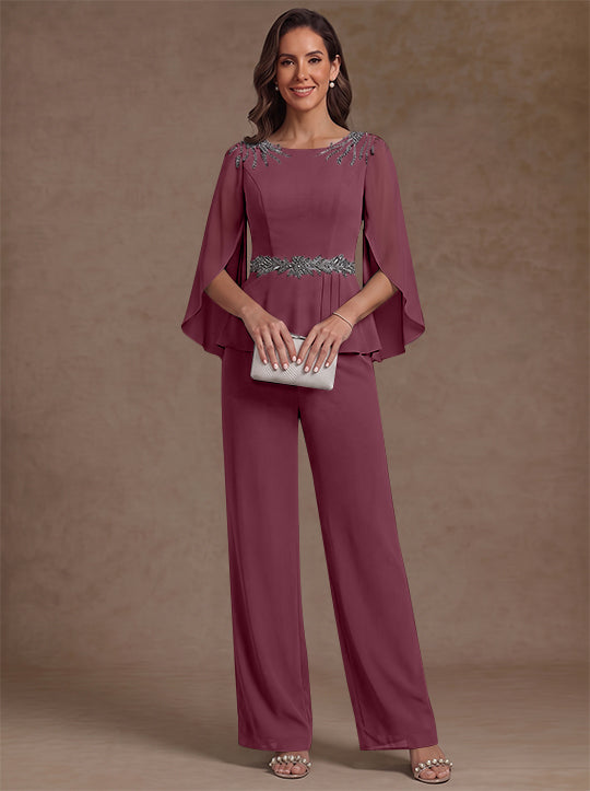 2 Pieces Suit Scoop Chiffon Mother of the Bride Pantsuits Ankle-Length 3/4 Sleeves Beading