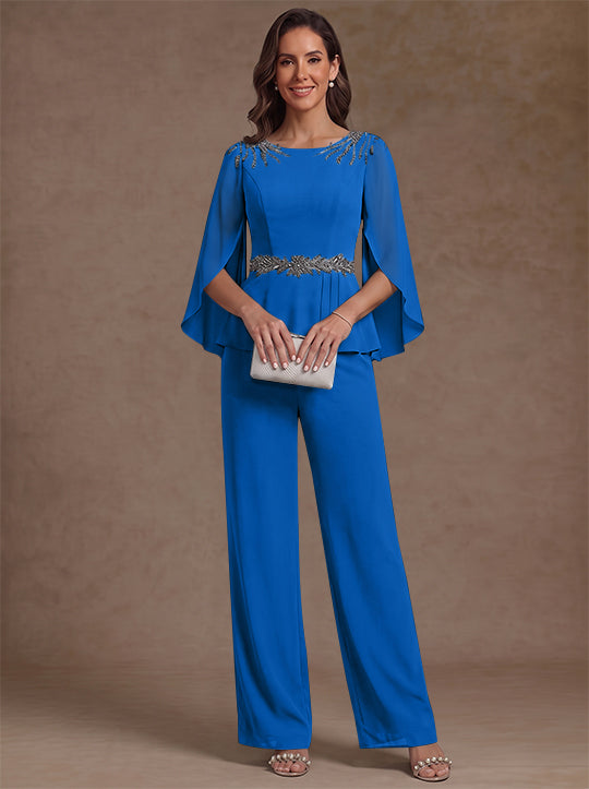 2 Pieces Suit Scoop Chiffon Mother of the Bride Pantsuits Ankle-Length 3/4 Sleeves Beading