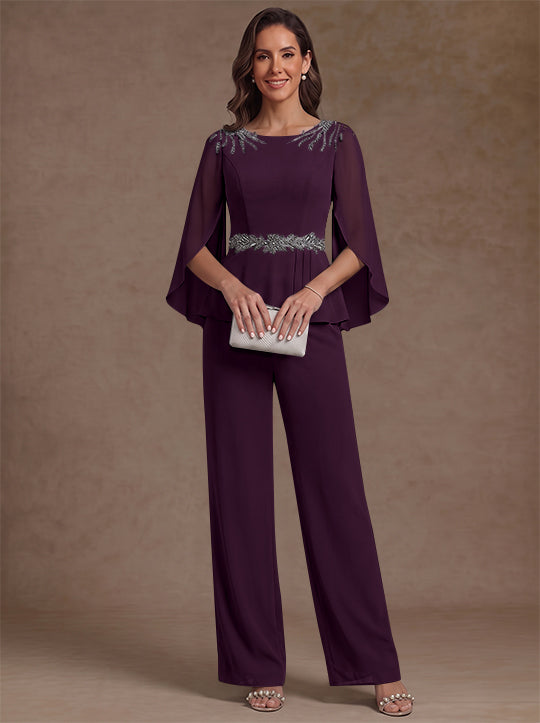 2 Pieces Suit Scoop Chiffon Mother of the Bride Pantsuits Ankle-Length 3/4 Sleeves Beading