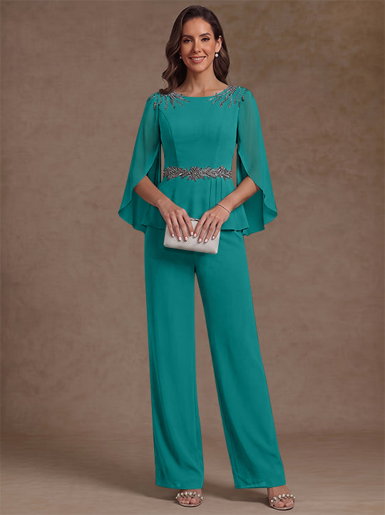 2 Pieces Suit Scoop Chiffon Mother of the Bride Pantsuits Ankle-Length 3/4 Sleeves Beading