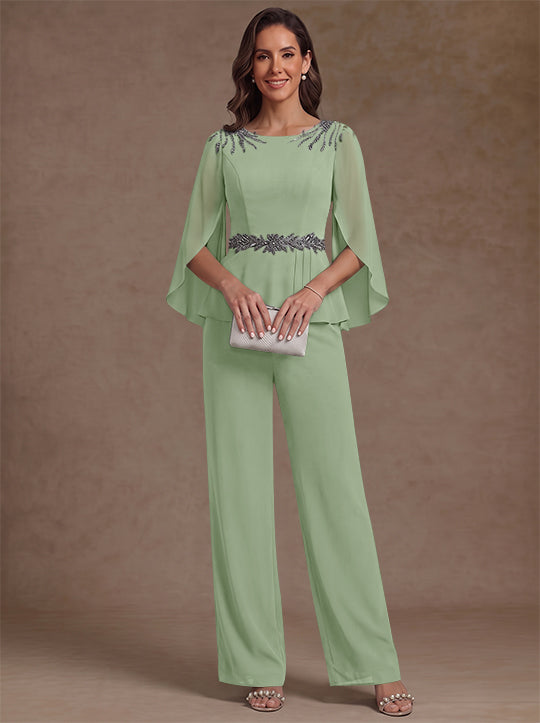 2 Pieces Suit Scoop Chiffon Mother of the Bride Pantsuits Ankle-Length 3/4 Sleeves Beading