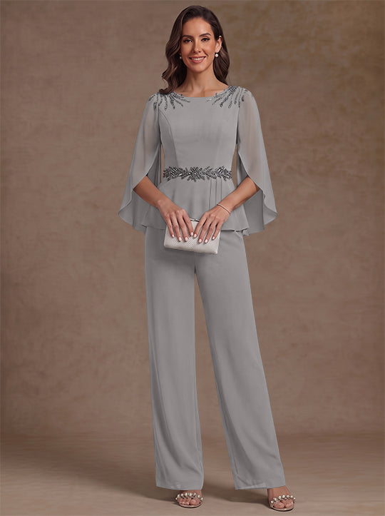 2 Pieces Suit Scoop Chiffon Mother of the Bride Pantsuits Ankle-Length 3/4 Sleeves Beading