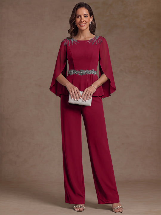 2 Pieces Suit Scoop Chiffon Mother of the Bride Pantsuits Ankle-Length 3/4 Sleeves Beading