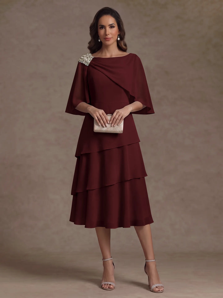 A-Line/Princess Boat Neck Chiffon Mother of the Bride Dresses Tea-Length Cape Sleeves Ruffles