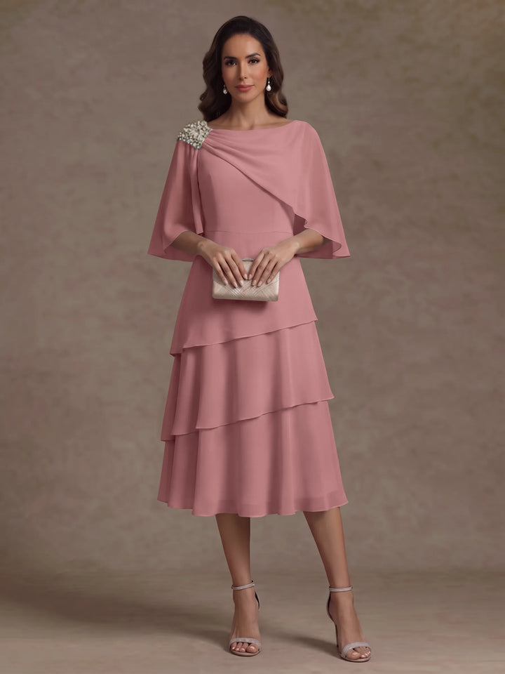 A-Line/Princess Boat Neck Chiffon Mother of the Bride Dresses Tea-Length Cape Sleeves Ruffles