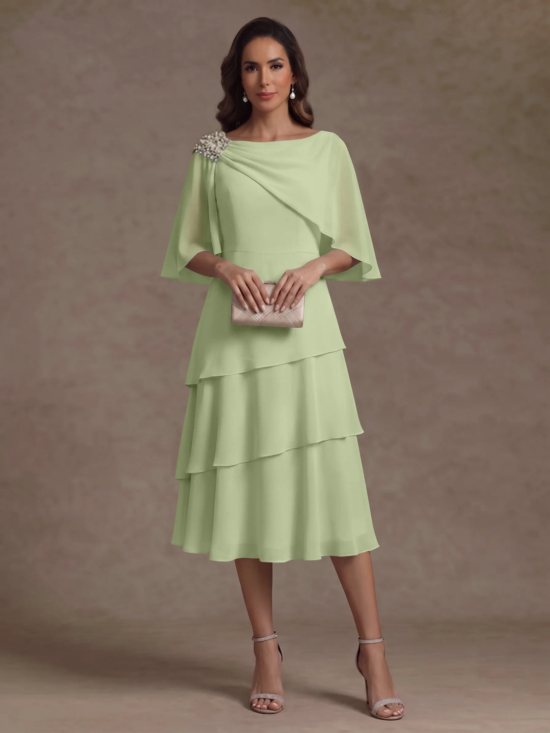 A-Line/Princess Boat Neck Chiffon Mother of the Bride Dresses Tea-Length Cape Sleeves Ruffles